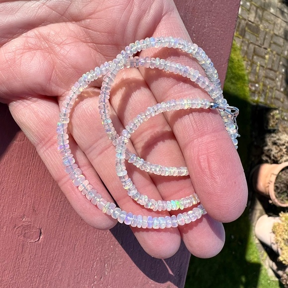 Handcraft Natural Untreated Welo Opal Necklace 14K White Gold, 14th Anniversary - Picture 10 of 10